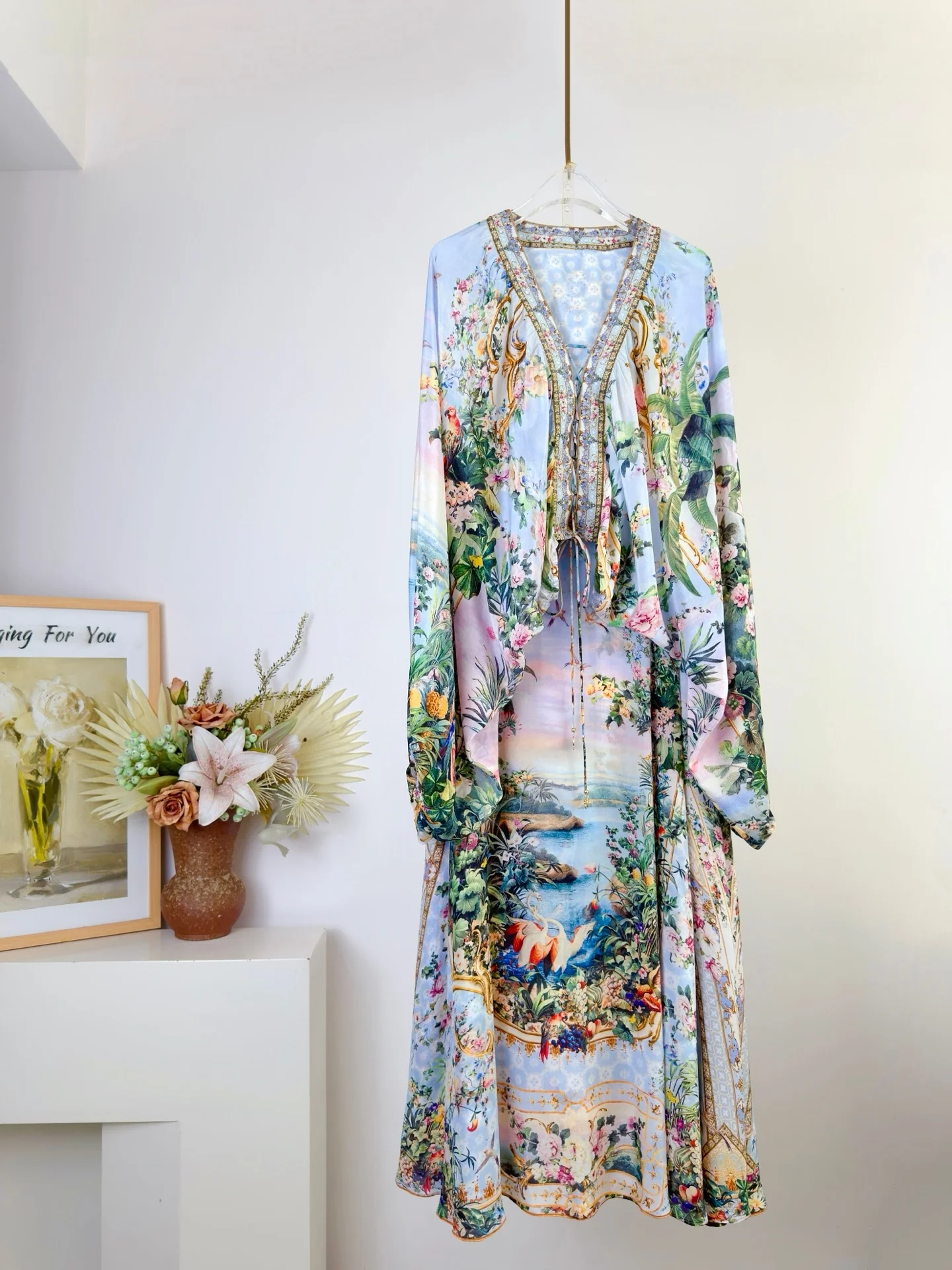 Ladies Floral Print 100% Silk 2-Piece Set Crystal Beaded High Waist Long Skirt + Lace-up V-Neck Batwing Sleeve Top Elegant Suit