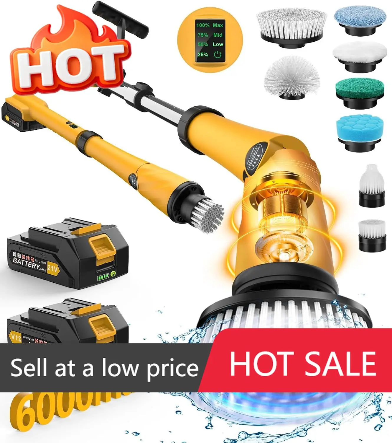 

Беспроводная электрическая вращающаяся щетка для чистки ванн, пола, плитки, душевых, с аккумулятором 6000 мАч, 1200 об/мин, 8 насадок