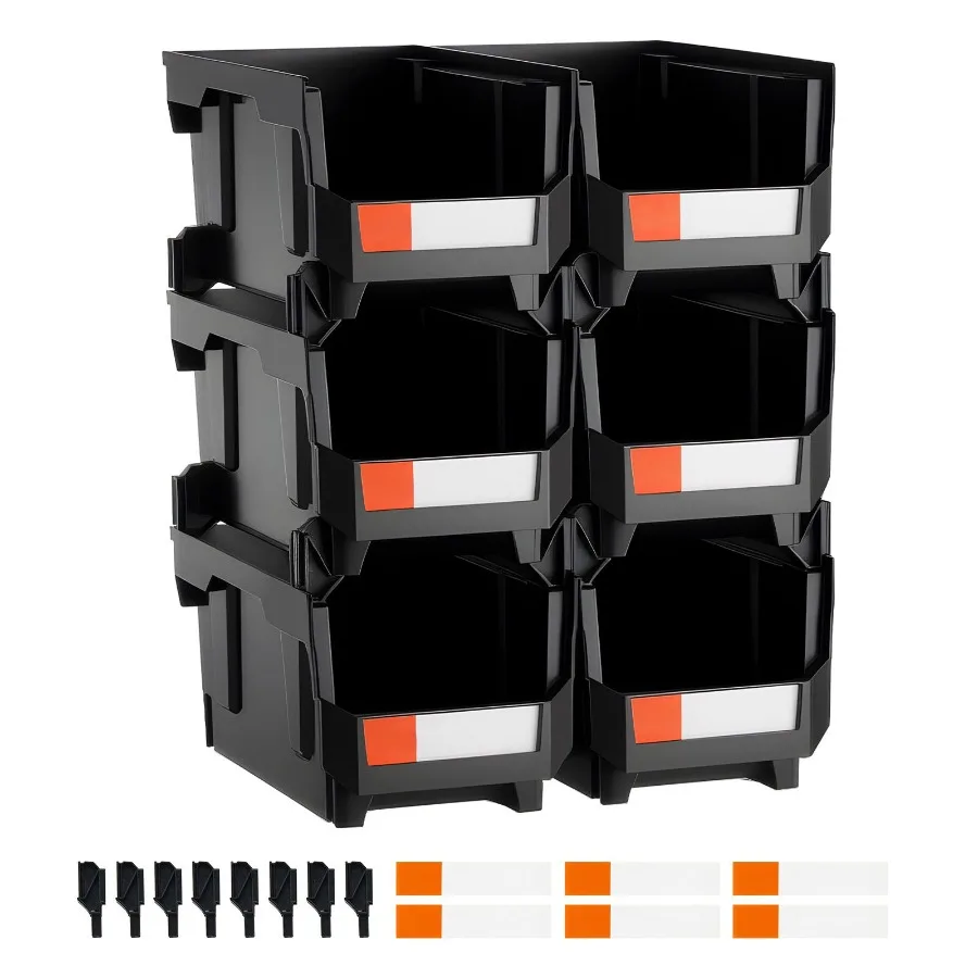 

Пластиковые штабелируемые контейнеры для хранения 14,8 x 8,5 x 7,1 дюйма, 6 штук, черные, для шкафа, гаража, мелких деталей, канцелярских принадлежностей, организации и хранения.