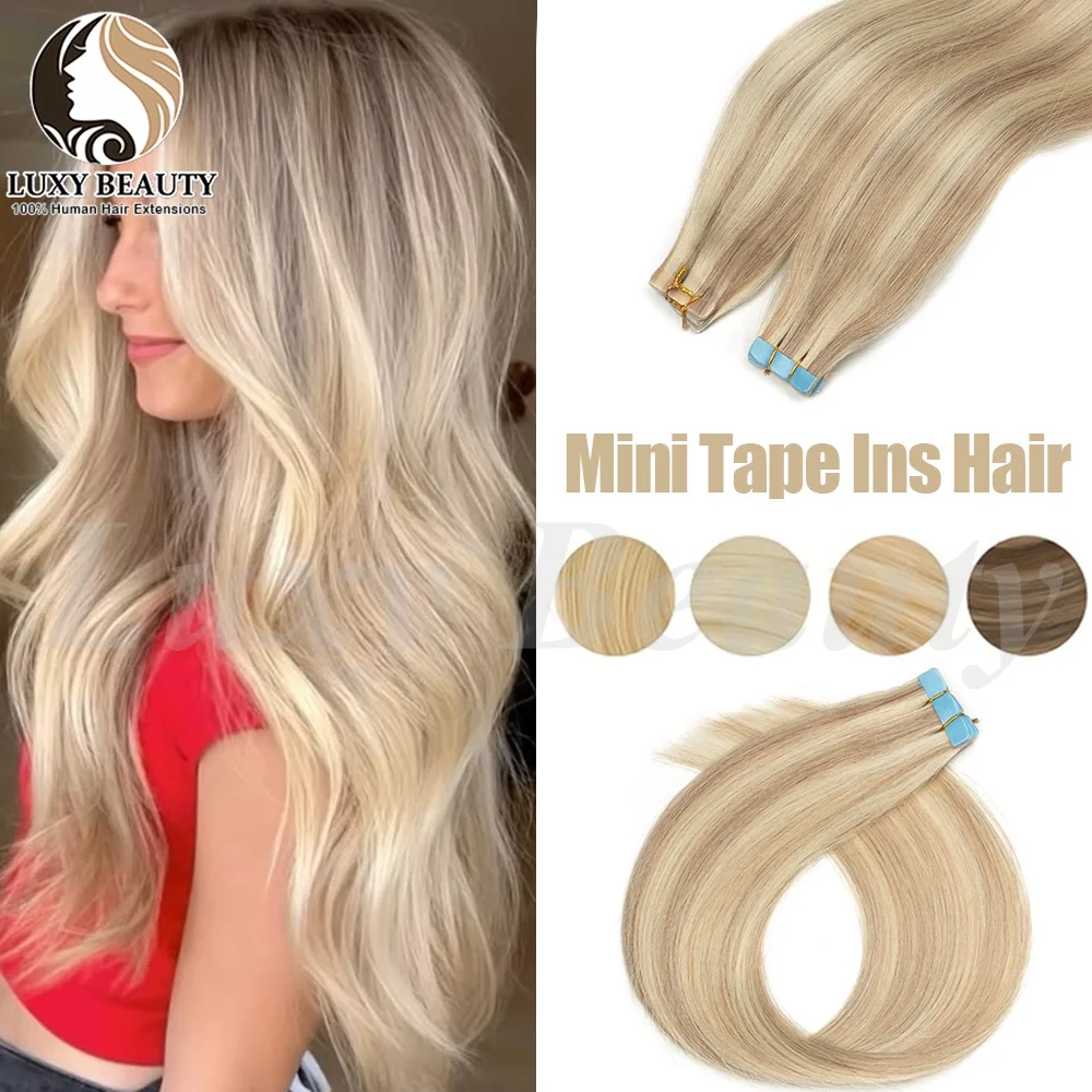 Blonde Unsichtbare Mini-Tape-In Echthaar-Extensions für Frauen, Glattes Schwarzes und Braunes Nahtloses Mini-Tape-In Haar, 10 Stück/Set
