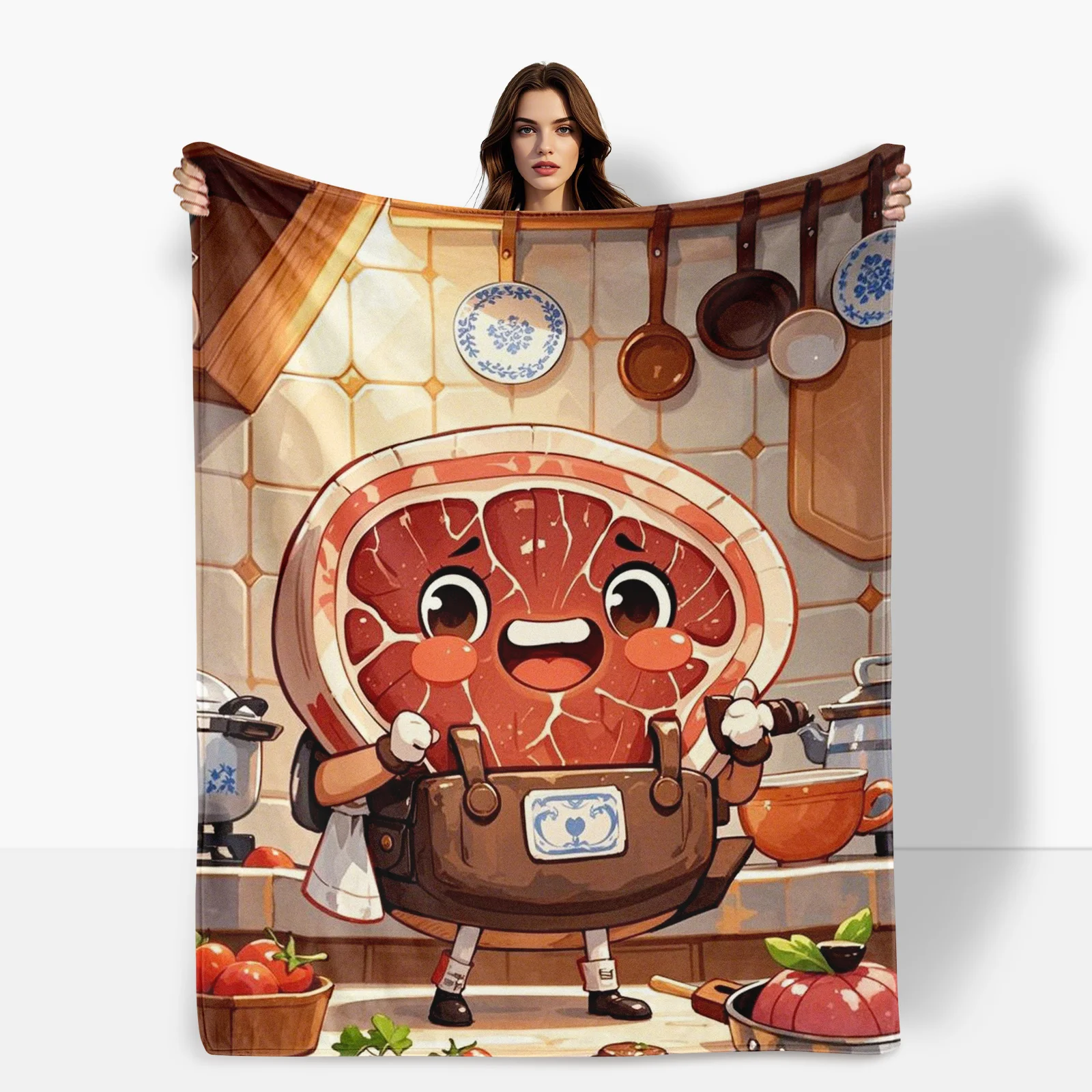 Cartoon Steak In Kitchen With Utensils And Overalls Design Cozy Blanket Unique Gift Idea Warm Throw Home Decor Culinary Theme