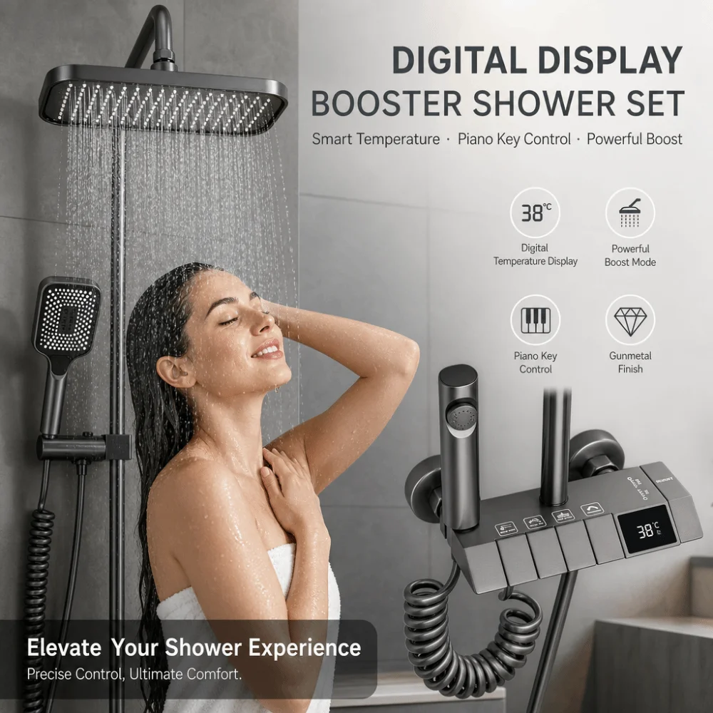 Grey Shower System Intelligent Piano Button Digital Shower Faucet Set High Pressure Temperature Display Rainfall Shower Set
