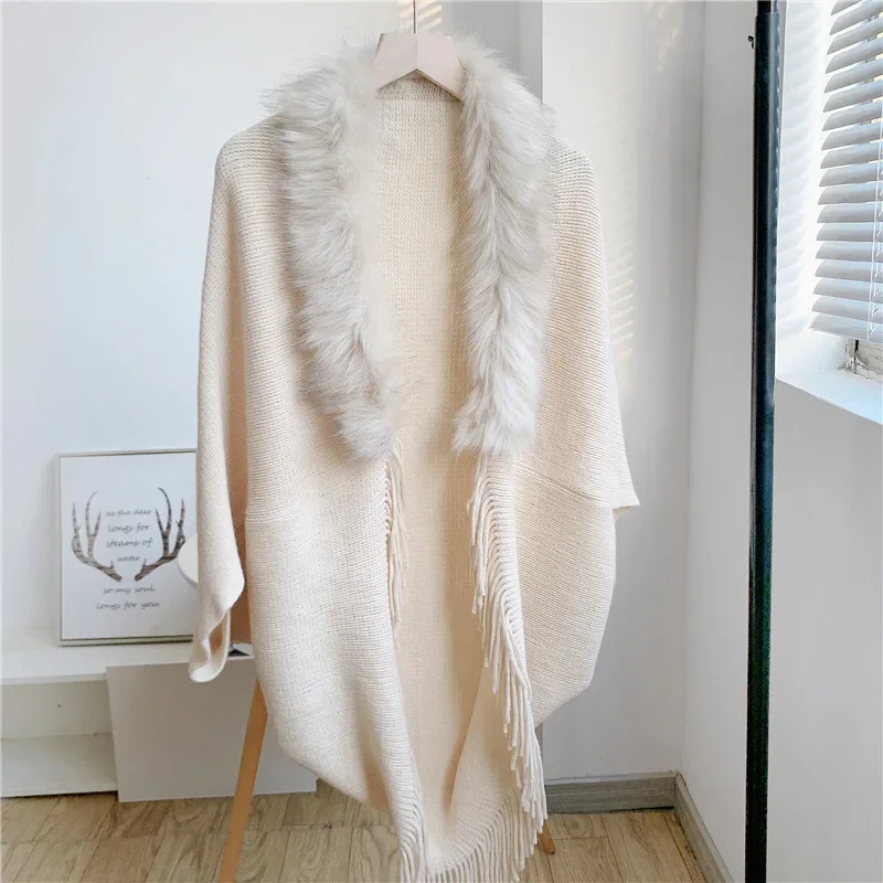 

Imitate Fur Collar Winter Shawls And Wraps Bohemian Fringe Oversized Womens Winter Ponchos And Capes Sleeve Cardigan Beige Cloak