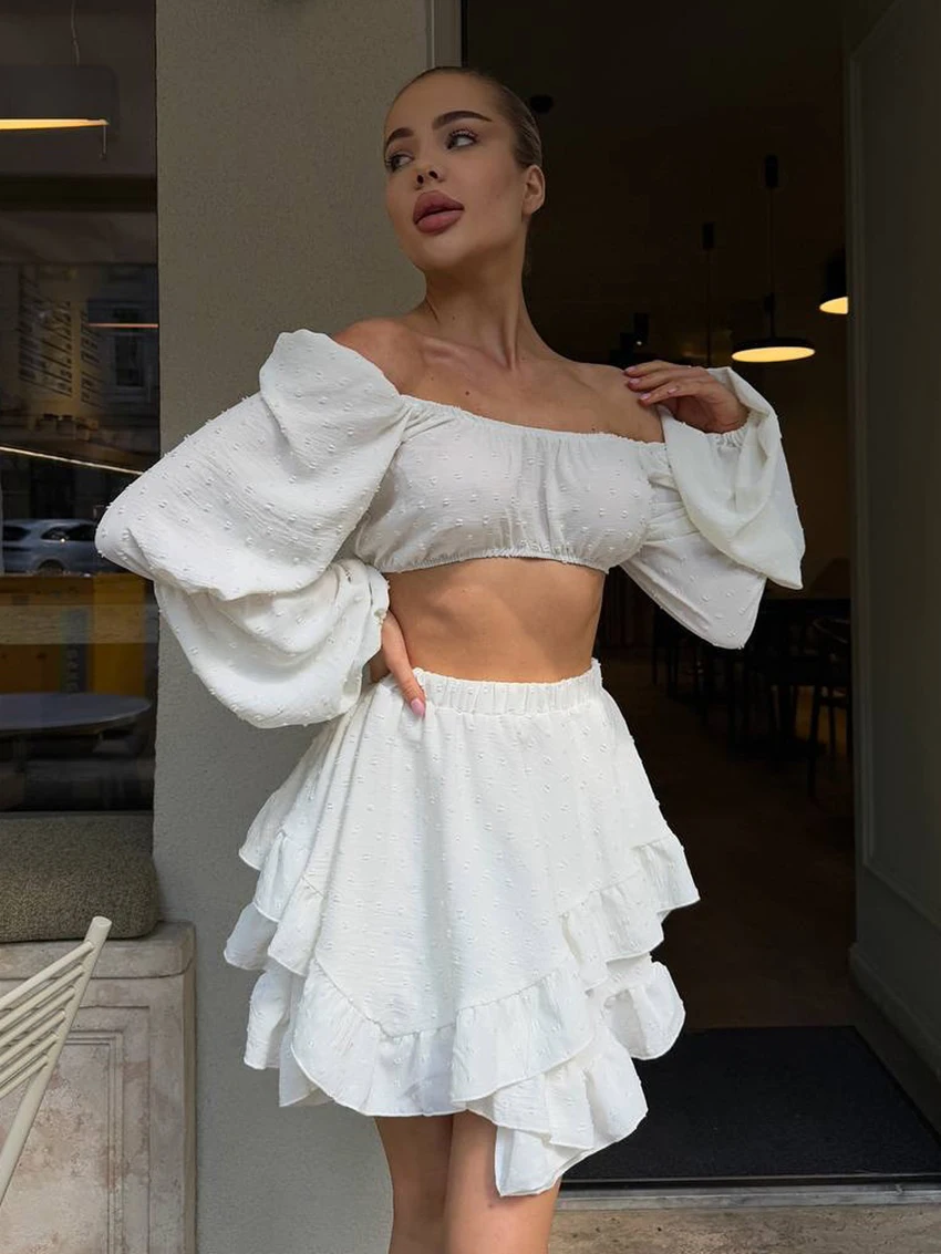 Marthaqiqi Casual Women'S Pajamas 2 Piece Set Crop Top Nightie Long Sleeve Nightwear Slash Neck Nightgowns Skirts Sleepwear Suit