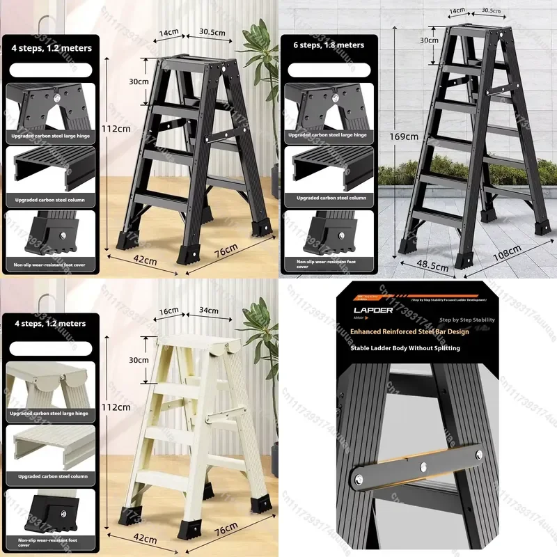 Heavy Duty Carbon Steel Folding Step Ladder Anti Slip Wear Resistant Foot Caps 1.2m to 2.4m Household A Frame Zigzag Stair