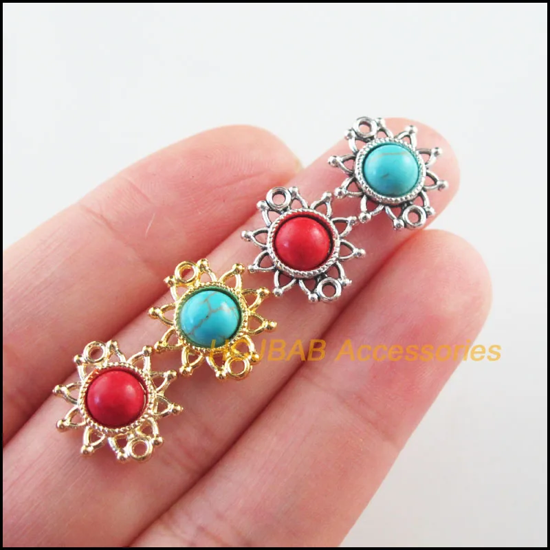 20Pcs Retro Gold Color Antique Silver Color Tone Sun Flower Round Blue&Red Stone Charms Connectors 14x15mm