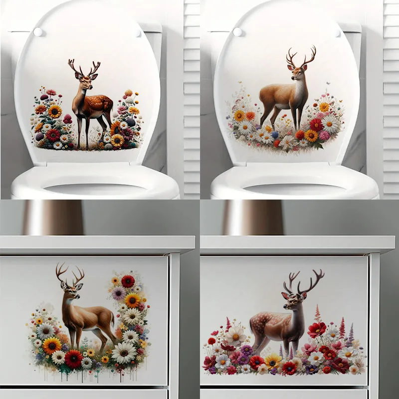 

KT334# Fawn in the Flowers Toilet Stickers, Bright Wall for Home, Cabinet, Door,Refrigerator Decoration, Vinyl Car Decals, Art W