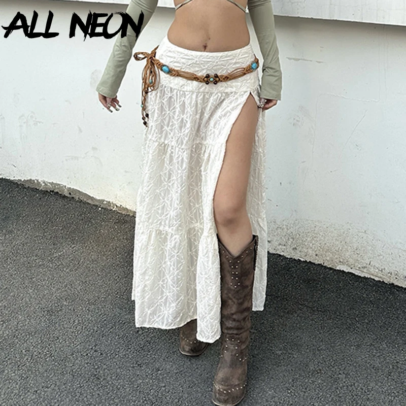 

ALLNeon 90-х годов, жаккардовые однотонные юбки с высоким разрезом по подолу, женская модная праздничная одежда Y2K, эстетичная юбка трапециевидной формы, пляжная одежда Rave