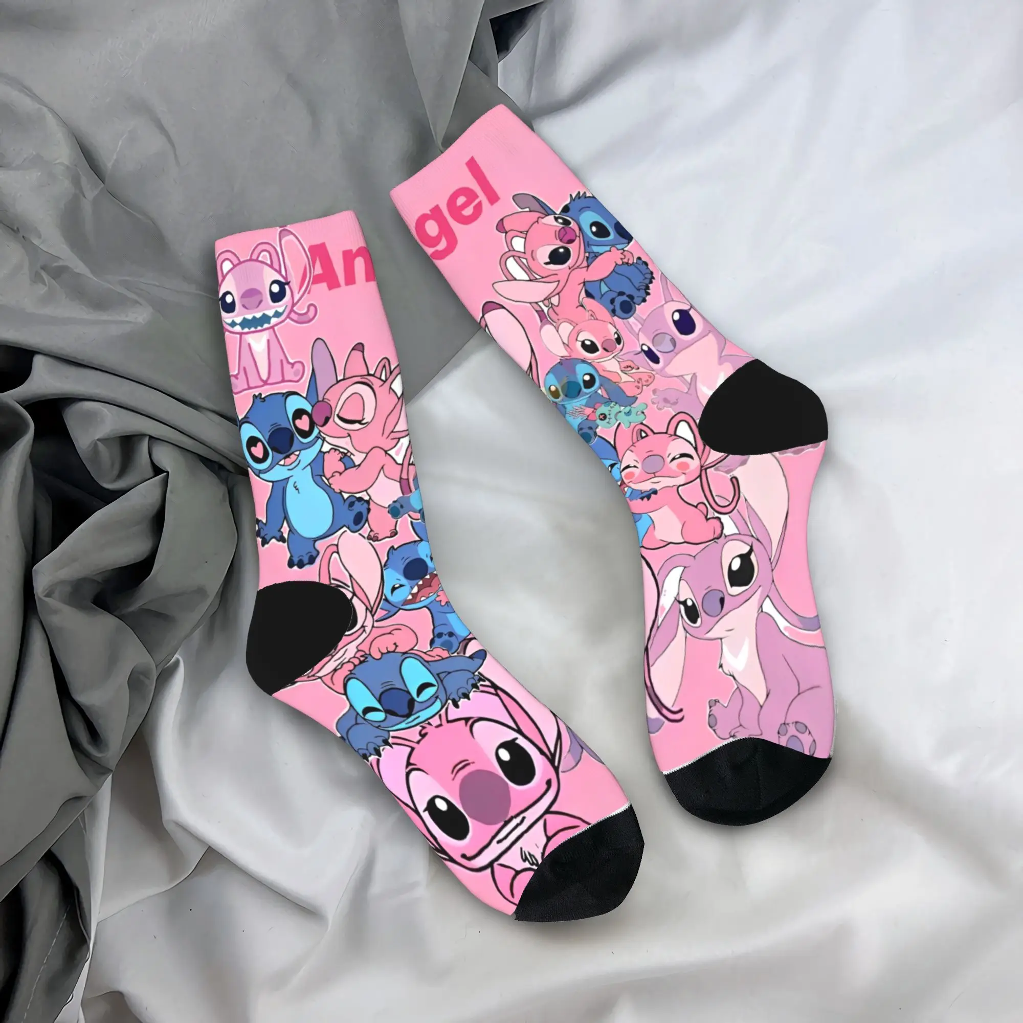 

Harajuku Cute Stitch & Angel Football Socks Cartoon Polyester Crew Socks for Women Men Non-slip