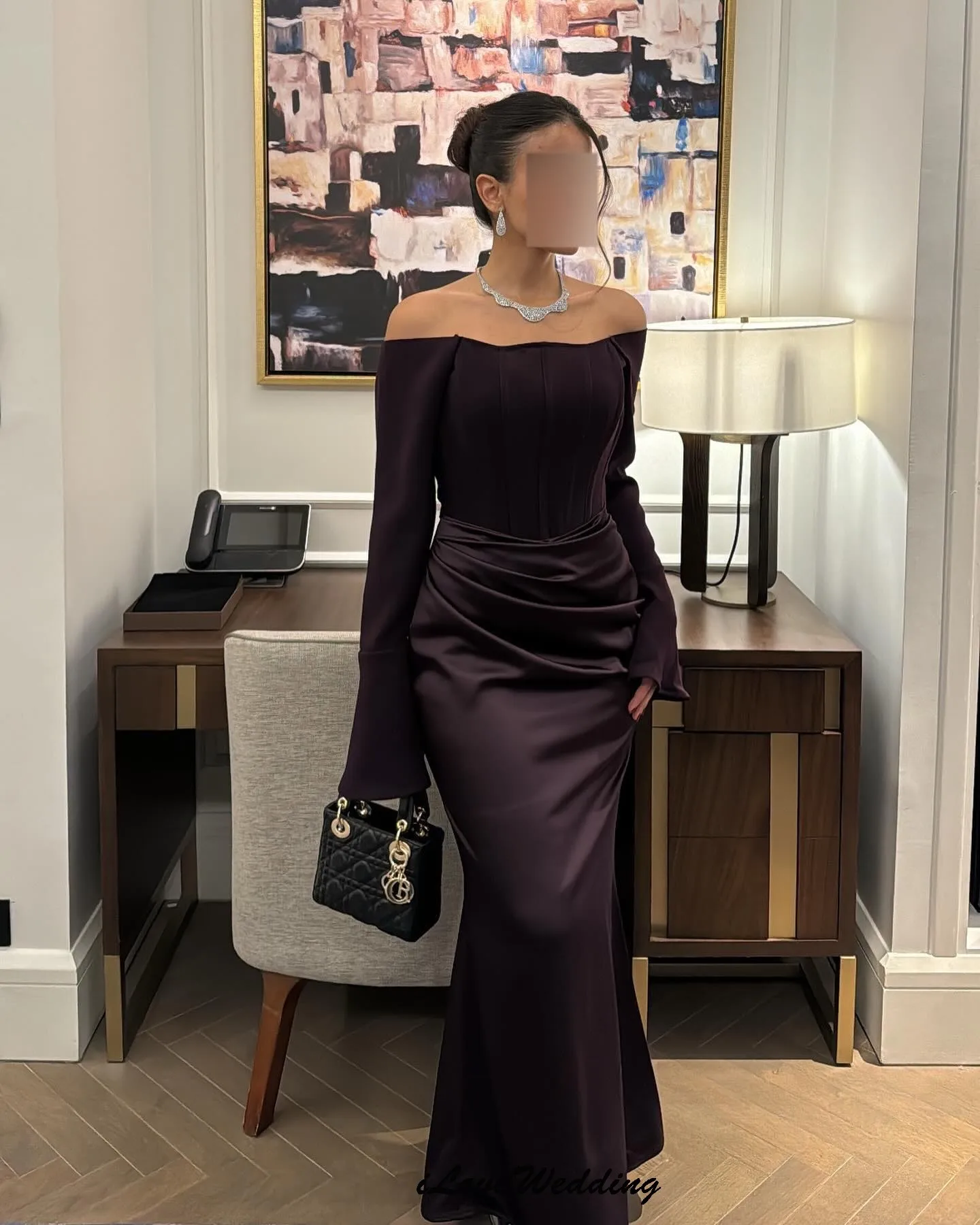 

Long Sleeve Dark Purple Evening Dresses Off The Shoulder 2025 Elegant Satin Wedding Party Dress For Woman Formal Gala Customized