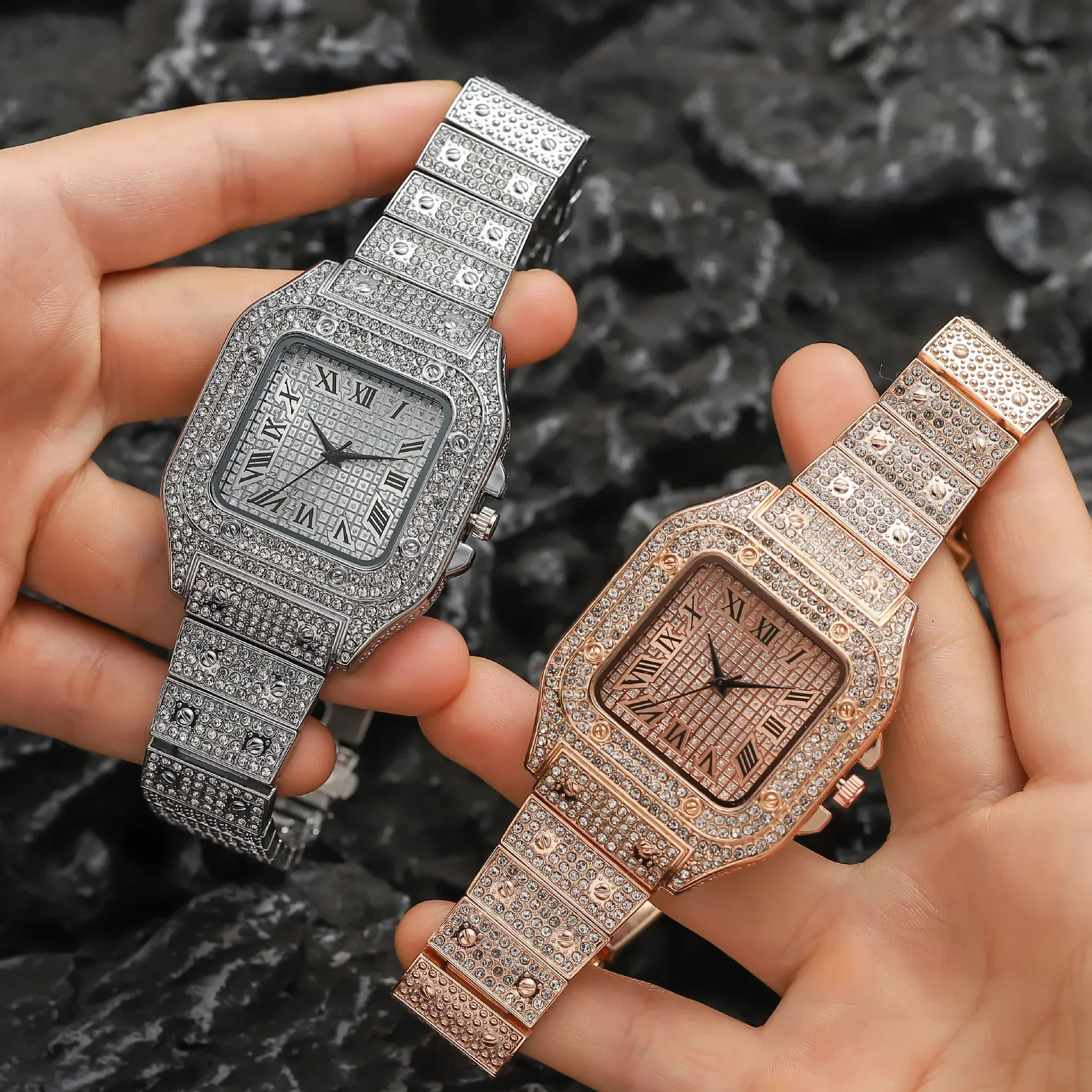 Watches Gold Silver Rose Gold Color Alloys and Bling Rhinestone Square Dial Hip Hop Quartz Watches Are for Perfect Gift