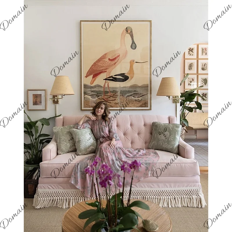 Vintage Pink Velvet Fringe Sofa 3-Seat Washable Cover French Retro Designer Living Room Furniture