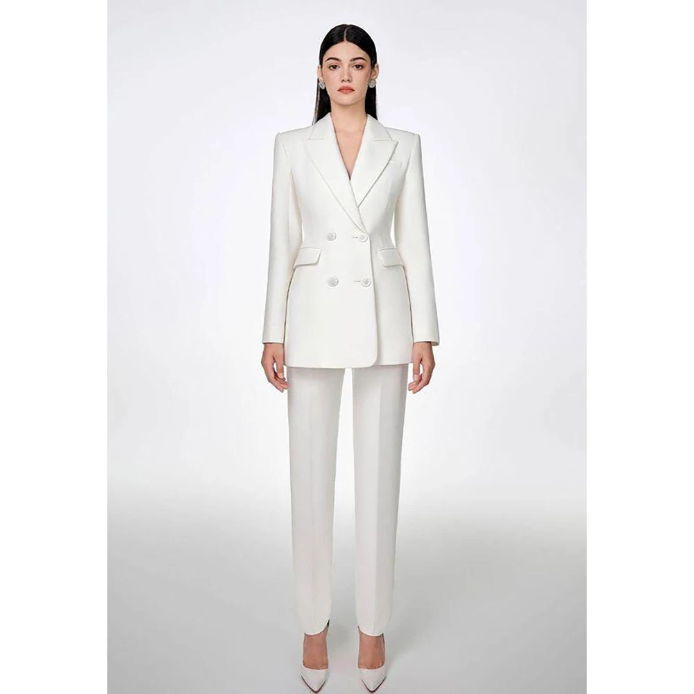 White Double Breasted Women Pants Set New Female Two Pieces(Blazer+Trousers) conjuntos femininos elegantes