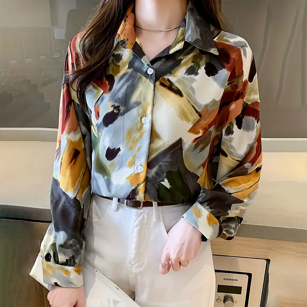 Summer Shirt Women'S Large Size Lapel Button Down Shirt Fashion Oil Print Long Sleeve Shirt Hawaiian Vacation Casual Top