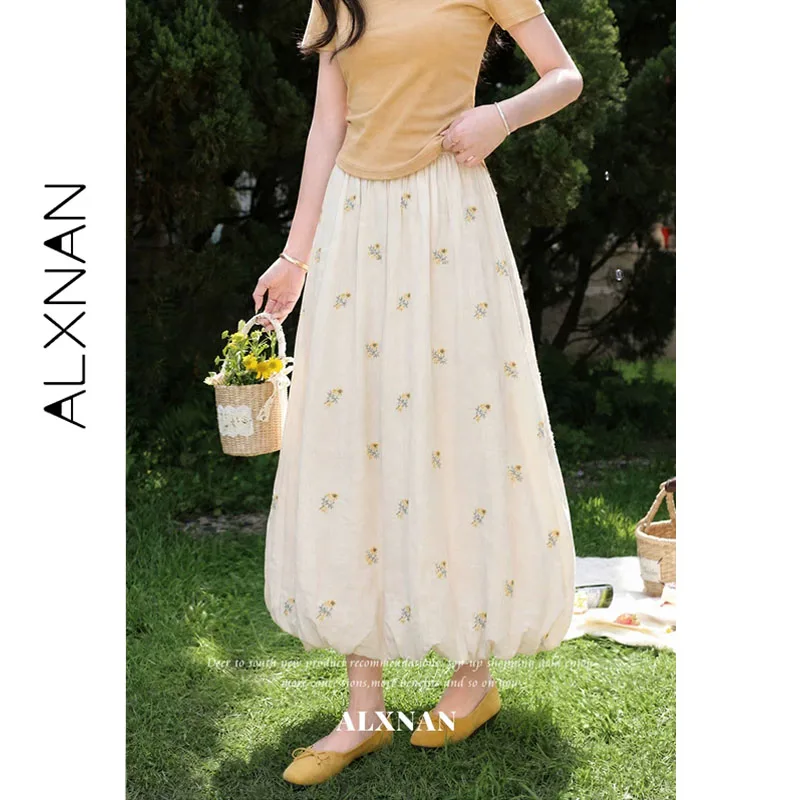 ALXNAN Women's Floral Embroidery Midi Skirt Summer High Waist Bud Skirt 2026 Summer Elegant Fashion Long Skirts Ladies L66263A
