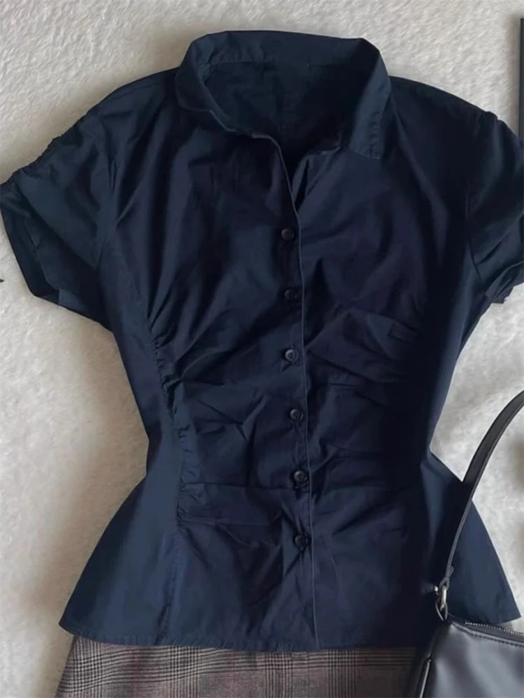 

Blue Slim Waist Short-sleeved Shirt Women 2025 Summer New Design Vintage Office Tops Korea Chic Blouses Casual Lace Up Outfits