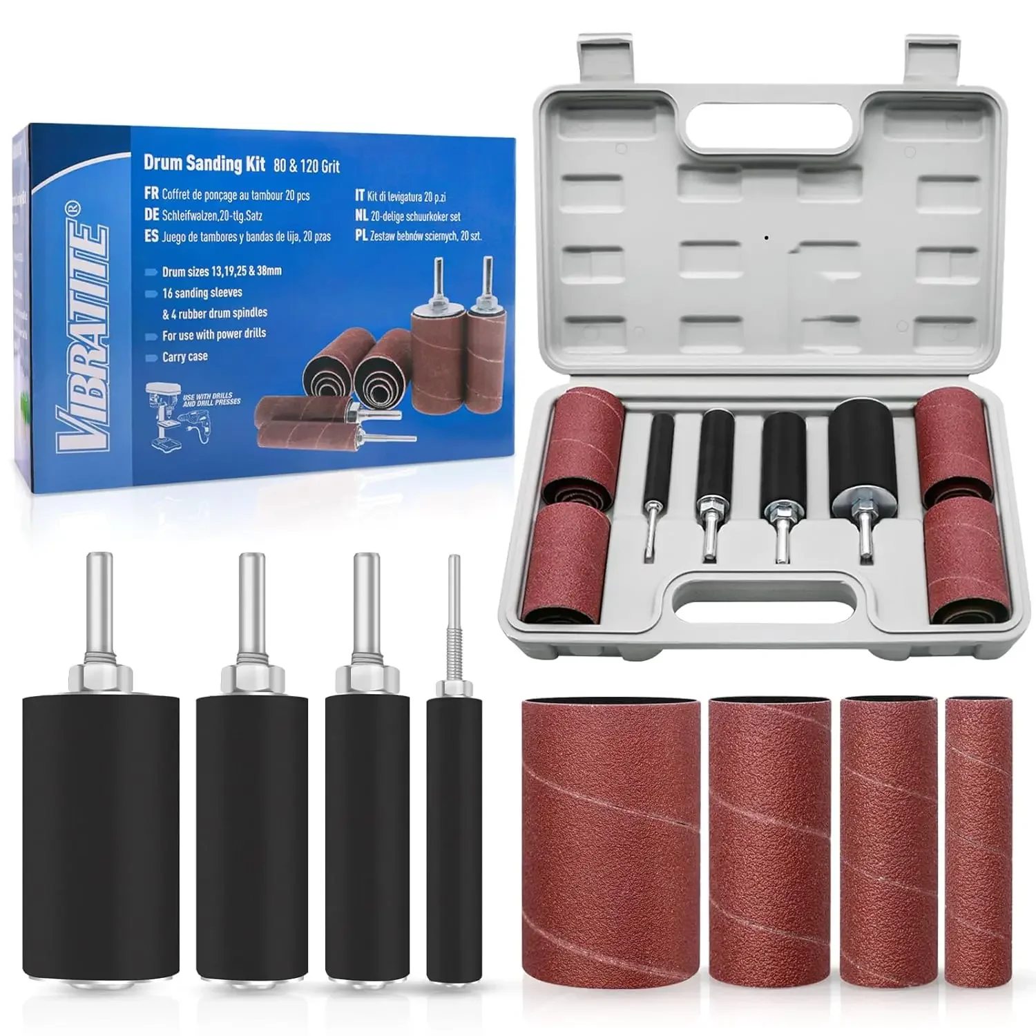 For Woodworking Drill Rotary Tool20pcs Spindle Sander Drum Kit Sanding Belt Rubber Mandrels Spindle +Sanding Sleeves with Case
