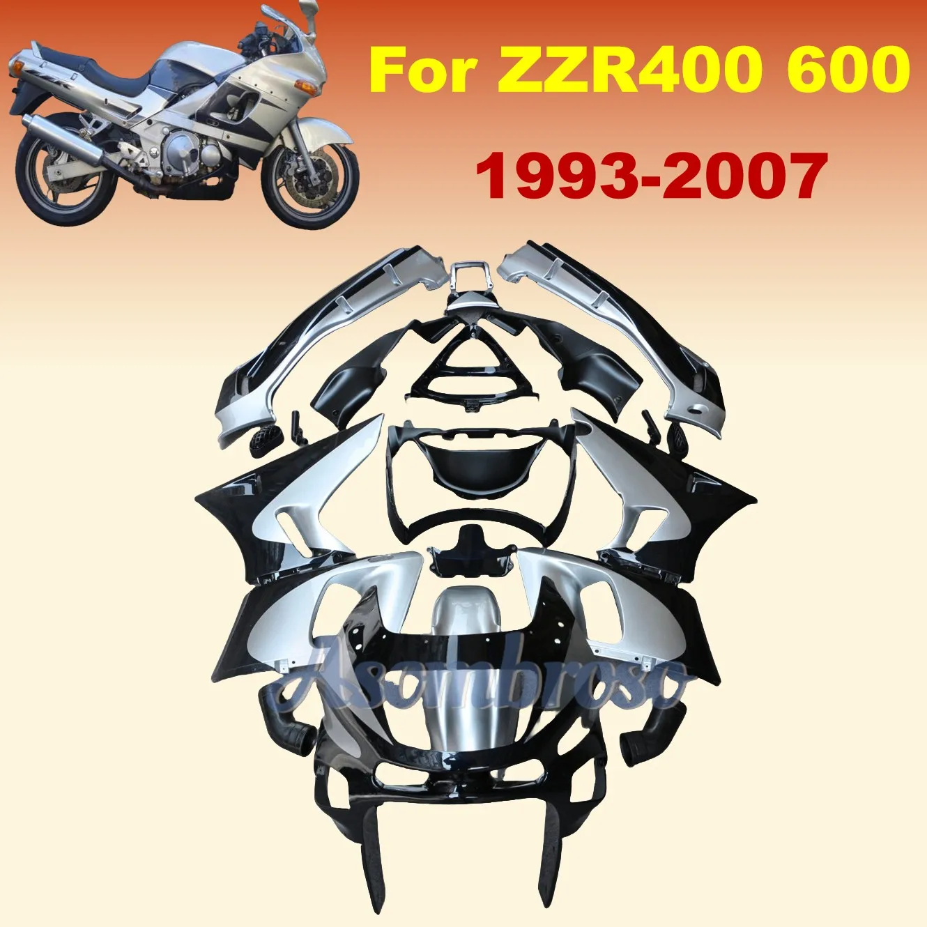 Motorcycle Fairing Kits for Ninja ZZR400 ZZR600 1993 2007 1994 1995 2000 2006  ZX-6E 93-07 ZXMT Silvery/Black Bodywork Set