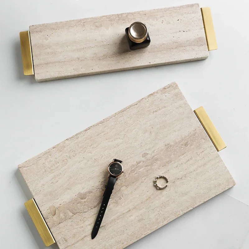 Beige Travertine Stone Tray Marble Reception Vintage Bathroom Vanity Luxury Serving with Golden Metal Handle