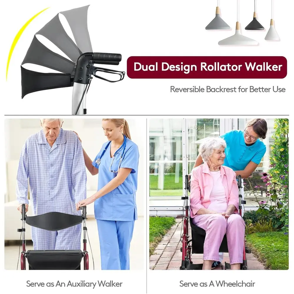 Adjustable Height 4-Wheel Rollator with Folding Design, Reversible Backrest, and Detachable Storage for Seniors - Red