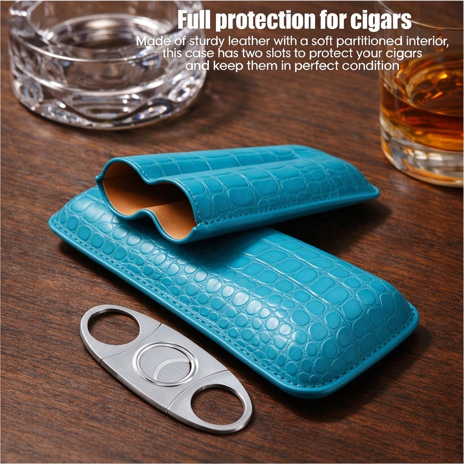 Portable 2-Finger Leather Cigar Case Retro Alligator Embossed Travel Cigar Holder with Stainless Steel Cutter Perfect Men's Gift