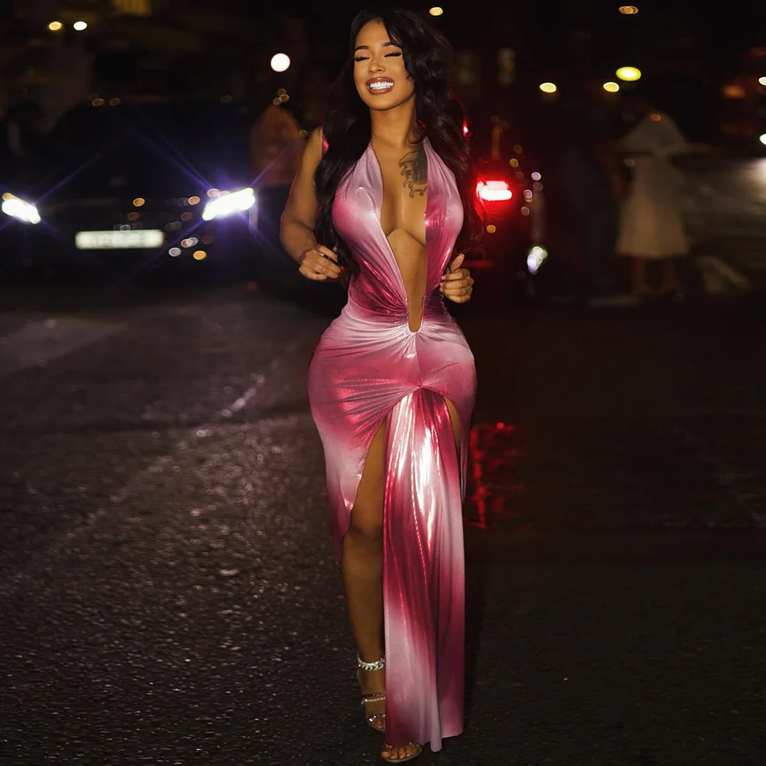 فستان Fmxires مثير حريري سبليت للنساء غير منتظم بشريط متدرج اللون عميق على شكل حرف v Coquette Hottie Street أنيق نحيف Bodycon #2