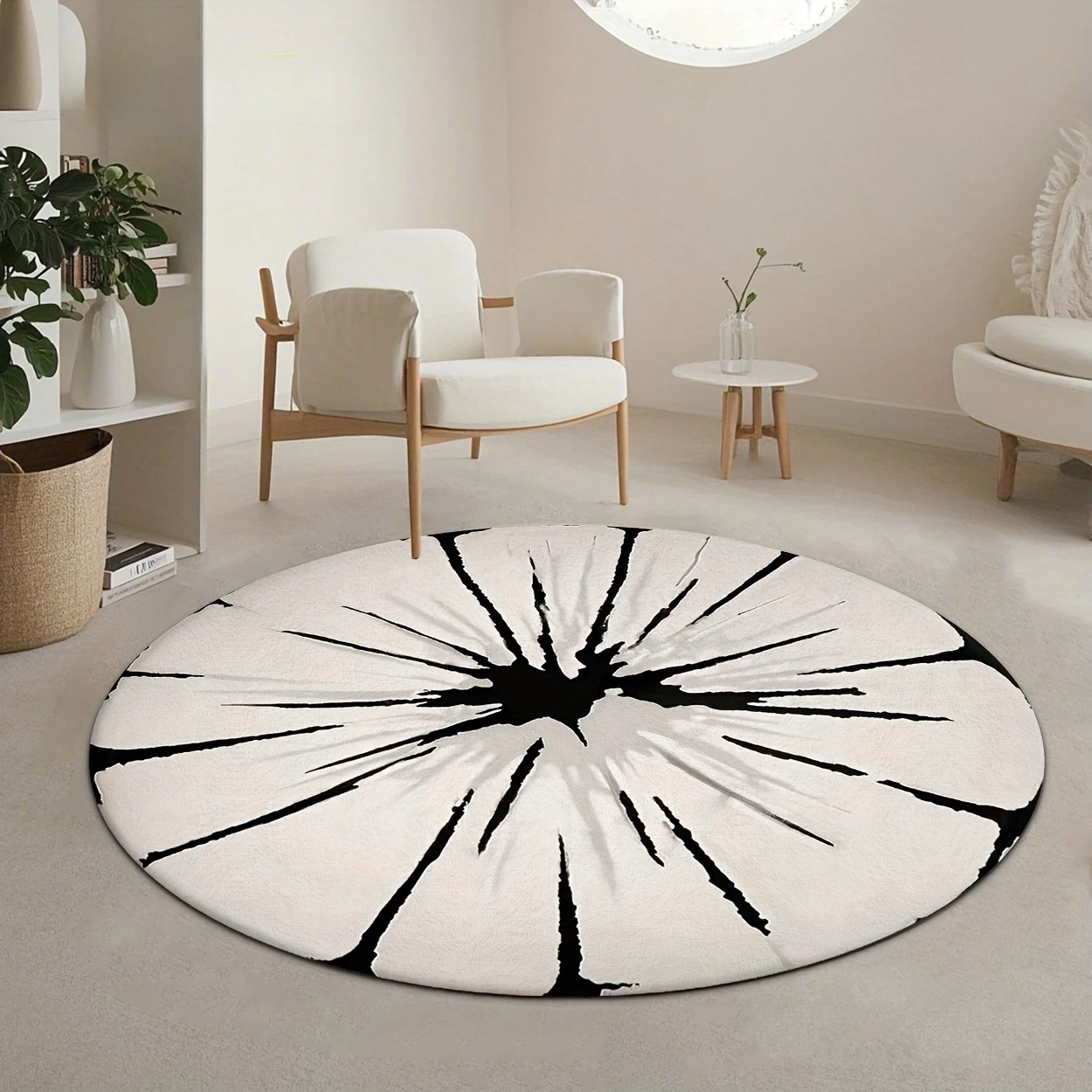 Minimalist Black Ink Splash Round Rug  Abstract Radial Crack Line Circular Non Slip Floor Mat for Modern Living Room Bedroom