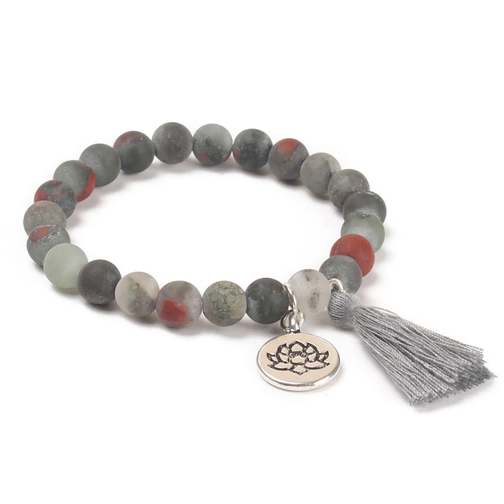 Pulseras de piedra Natural, brazaletes con dije de Buda de loto, pulsera Mala con borla, cuentas tutúas, pulsera de oración de Yoga para mujer, budista