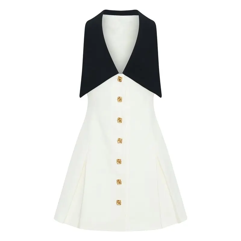 CYL-女性用エレガントミディドレス ノースリーブ 襟付き フィット＆フレア ボタン留め オフィスワーク、イブニング＆カジュアルドレス