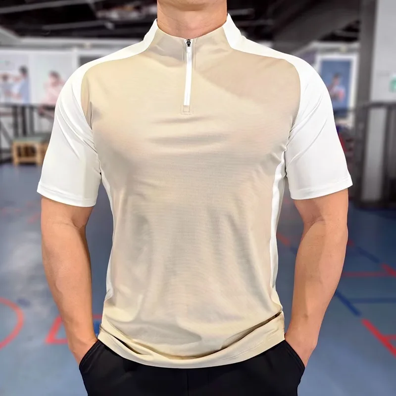 Summer Bodysuit Quick-drying Breathable Sports Gym Fitness Shirts Elastic Slim Coach Clothes Ice Silk Running Short-sleeved POLO