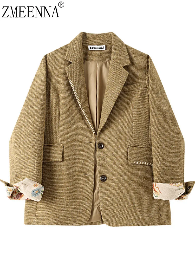 

ZMEENNA Женский коричневый твидовый пиджак с узором «елочка», однобортный пиджак с зубчатыми лацканами и манжетами на подкладке с цветочным принтом ZM4264