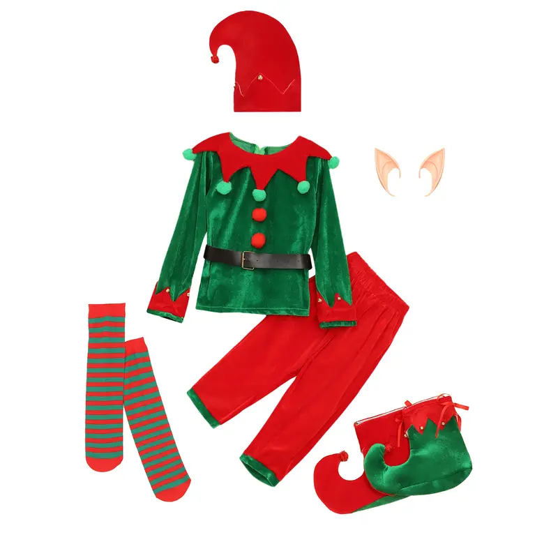 Boys Girls Santa Helper Christmas Costume Elf Role Play Fancy Dress Up Set Elf Ears Belt Stockings and Shoes Covers Outfits - Image 2