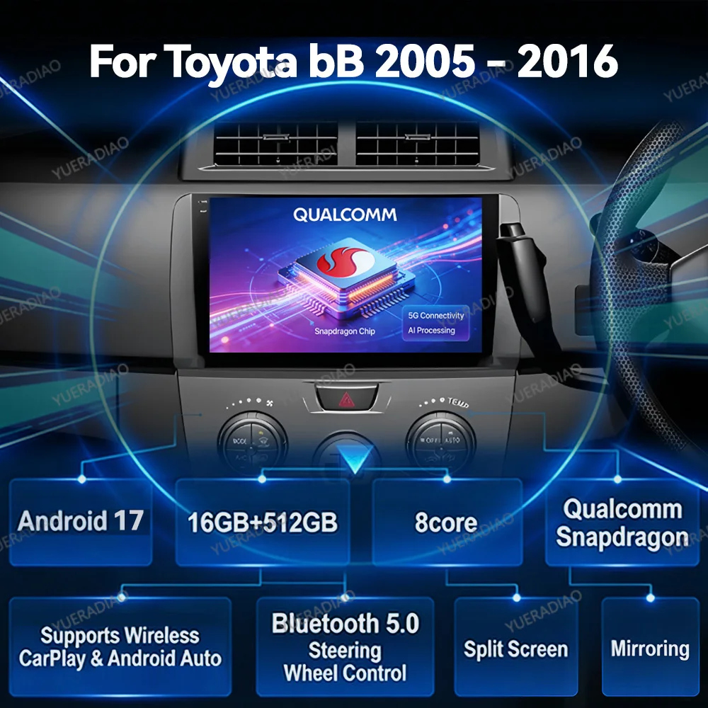 Android 17 Car Radio For Toyota BB 2 QNC20 2005 - 2016 Multimedia Video Player QLED 2DIN 4G LTE 5G WIFI BT Head Unit GPS NAVI