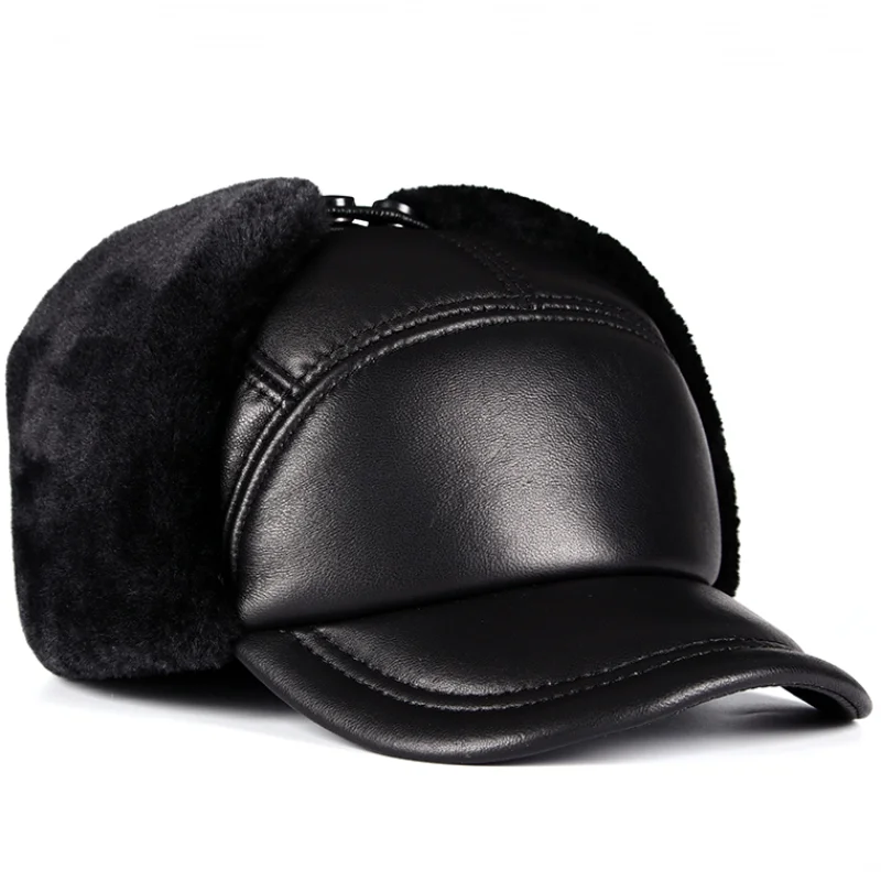 Winter Hat Men Genuine Leather Sheepskin Bomber Hat Earflap Black Warm Thick Ski Snow Windproof Male Russian Hat