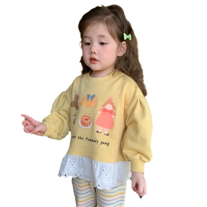 Desenhos animados das meninas de algodão conjunto de roupas, Lace Hem pulôveres, listrado queimado calças, terno infantil, roupas da menina, primavera, outono, 2pcs