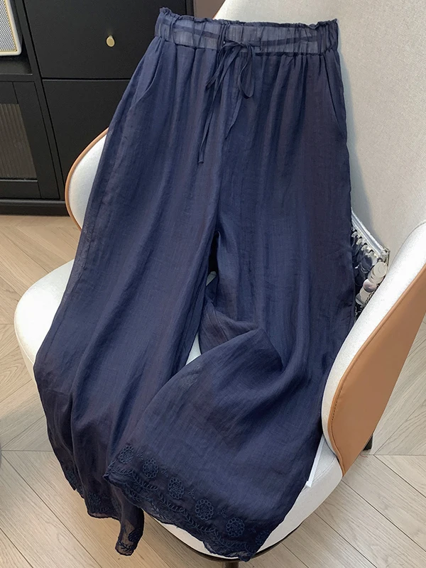 Pantaloni estivi nuovi ricamati a doppio strato a gamba larga Pantaloni casual dimagranti Dstring in vita elastica per donne taglie forti