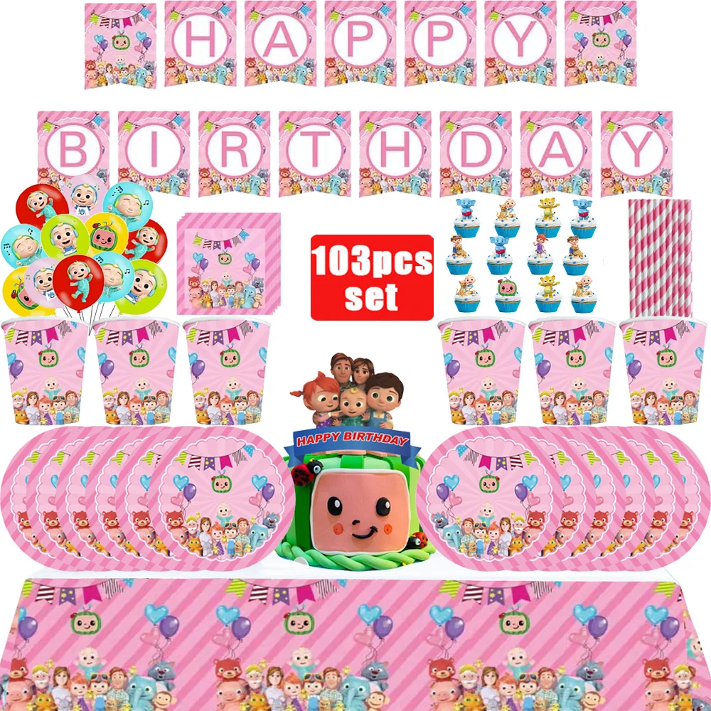 Cartoon Familie Cocomelon Happy Birthday Party Deko-Set Tischdecke Teller Becher Geschenk Ballon Kuchen-Set Kinder-Party-Zubehör – Detail 3