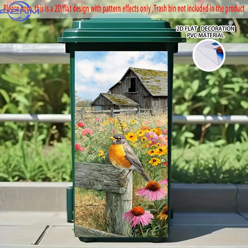 [2D Flat Printing] 1pc 2D Pattern Printed Kitchen Trash Can Sticker, X Cm Pastoral Colorful Birds Perch Theme Kitchen Home Dec