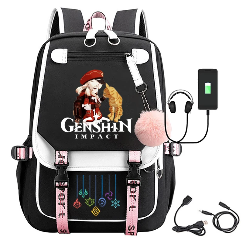 Anime Genshin Impact Peripheral Plush Ball USB Backpack European and American Middle School Student School Bag