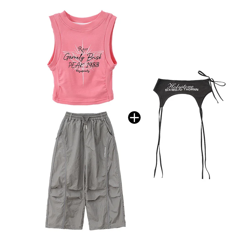 Ubrania Hip Hop dla Dziewczynek Dziecięce Kostiumy Jazzowe Street Dance Różowe Bezrękawniki Szare Spodnie Casualowe dla Dzieci Strój na Występ