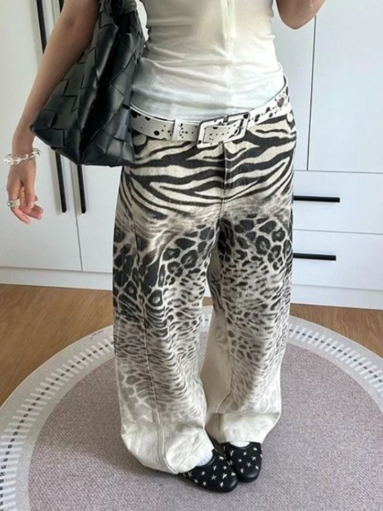 HOUZHOU Vintage Luipaardprint Baggy Jeans Vrouwen Hip Hop Y2k Rechte Denim Broek Amerikaanse Retro Oversized Streetwear Jeans