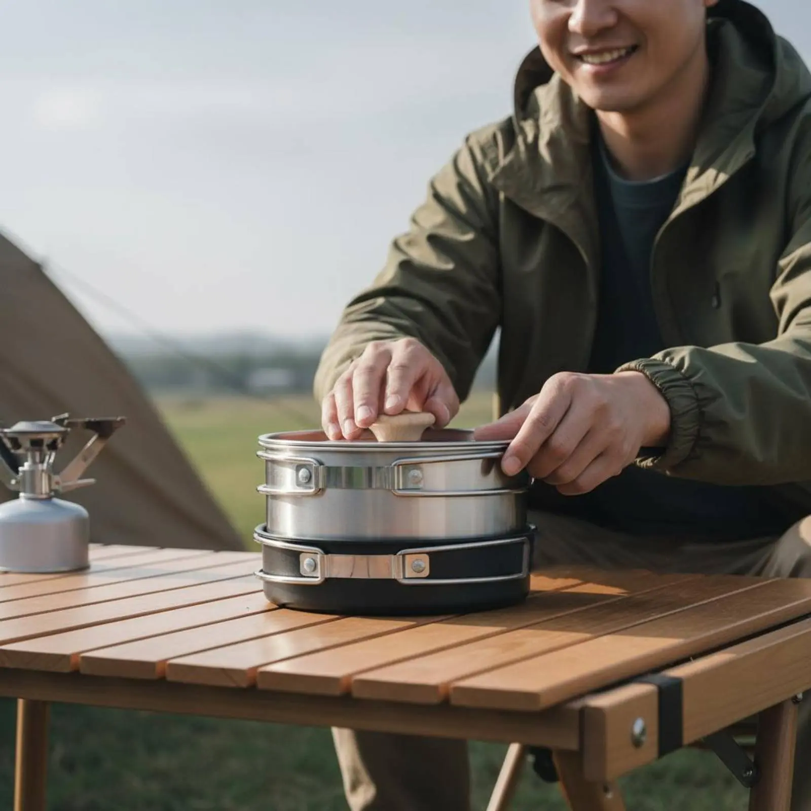 

3 Pieces Stainless Steel Mess Kit Stackable Design 3 Piece Camping Cook Set Backpacking Cookware Kit Lightweight Outdoor Gear