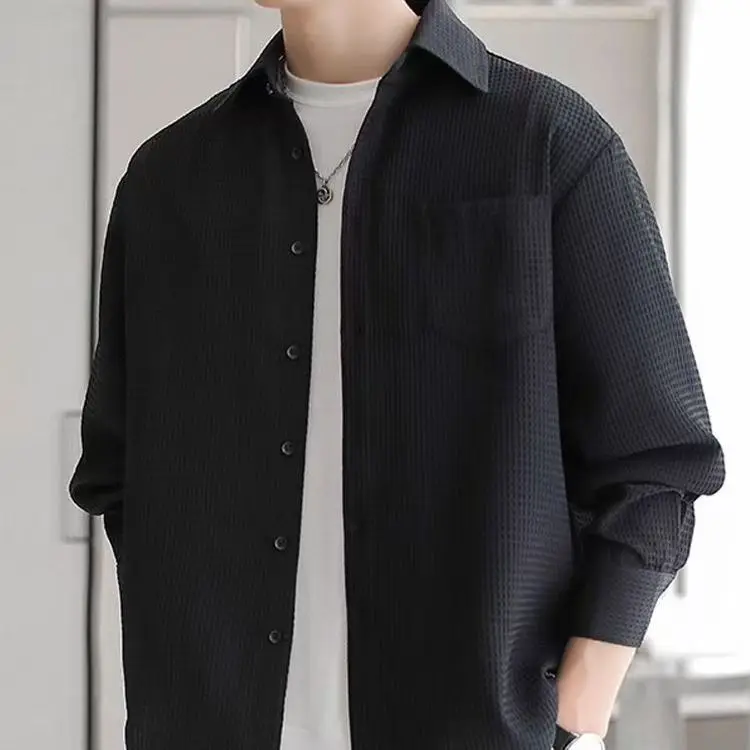 

Business Casual Men's Long Sleeve Shirt Draped Loose Fit Thin Style Spring Autumn New Model Checkered Pattern Regular Length