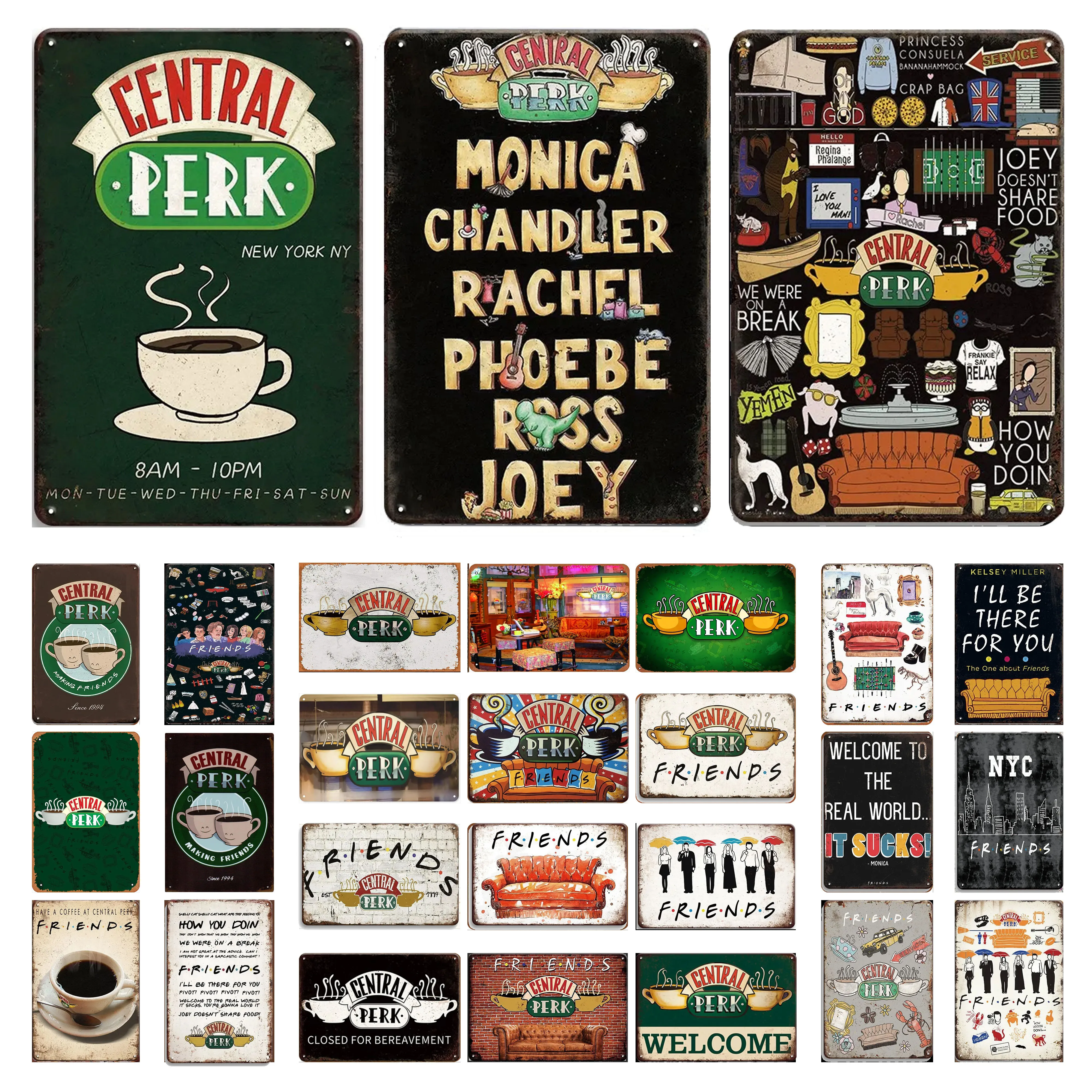 Programa de televisión Central Perk Friends, carteles de Metal, póster decorativo para cafetería, Bar, Pub, Club, letrero de estaño, placas decorativas, pintura, decoración de pared