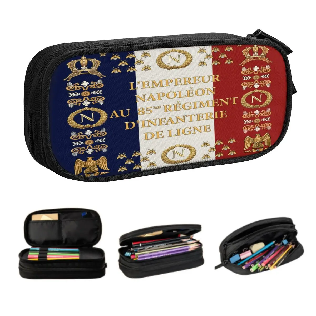 Custom Kawaii Napoleonic French 85th Regimental Flag Pencil Case for France Fleur De Lis Pencil Box School Supplies