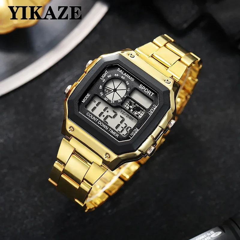 YIKAZE Military Men\'s Digital Watches Steel Strap Classic Men Sports Watches Luminous Chronograph Male Electronic Wrist Watches