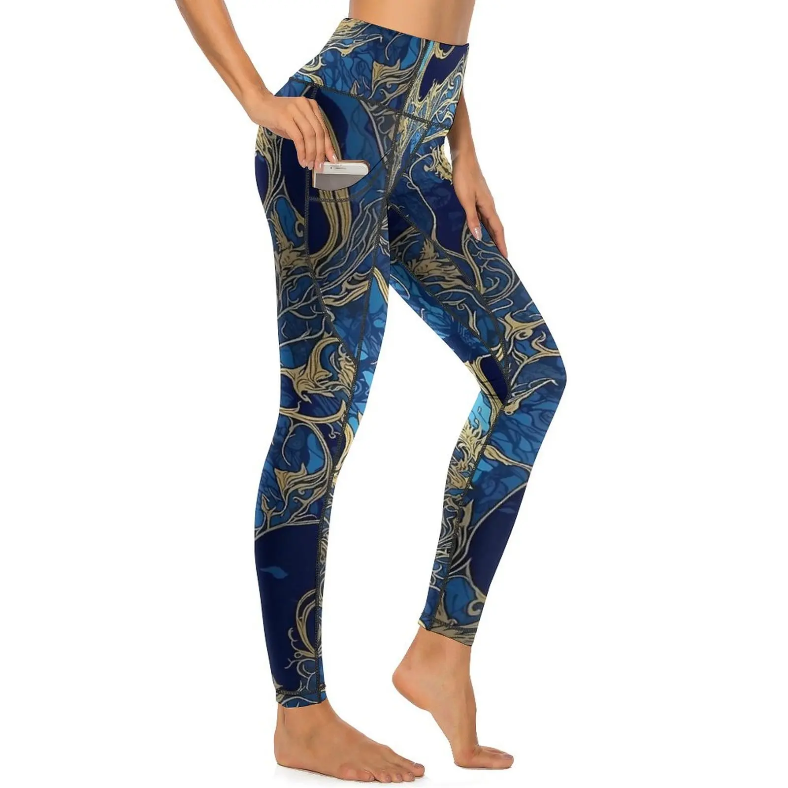 Abstract Japanese Seigaiha Yoga Pants Blue and Gold Leggings Push Up Fashion Yoga Sports Tights Stretch Design Running Leggins