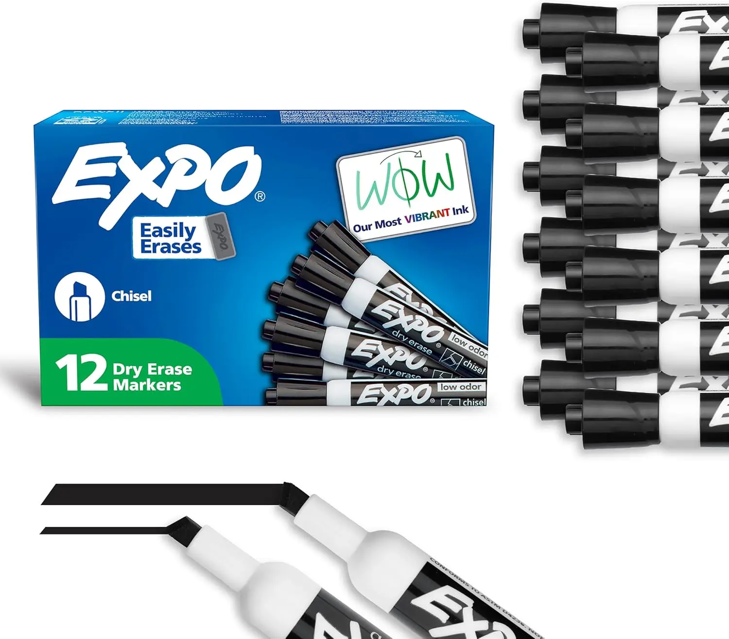 

12 Black Dry Erase Markers, Chisel Tip, Low Odor Ink for Whiteboards, Glass & More