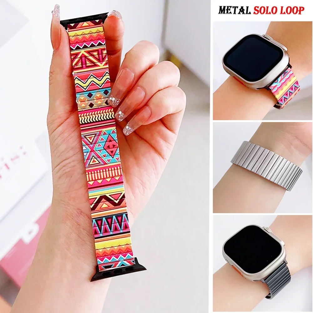 Metal Elastic Strap for Apple Watch ultra 2 Series 9 8 7 6 5 4 3 Se 49mm 40/44/41mm/45mm SOLO LOOP leopard bracelet Iwatch Band