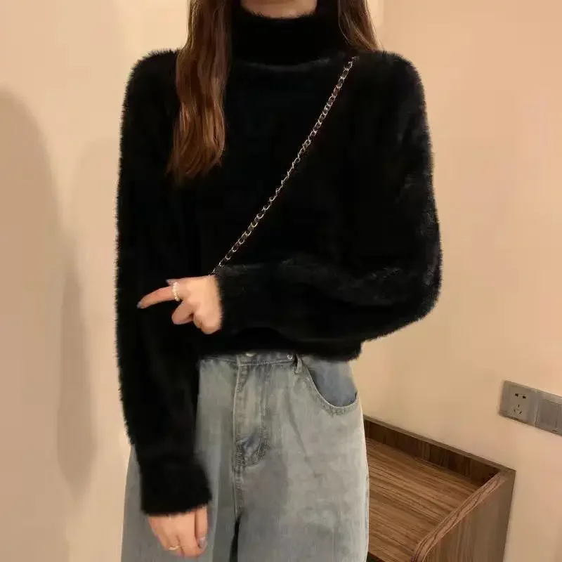 Autumn Winter 2024 Mink Cashmere Sweater Women Basic Knitted Pullover Elegant Soft Ladies Clothes Loose Casual F181